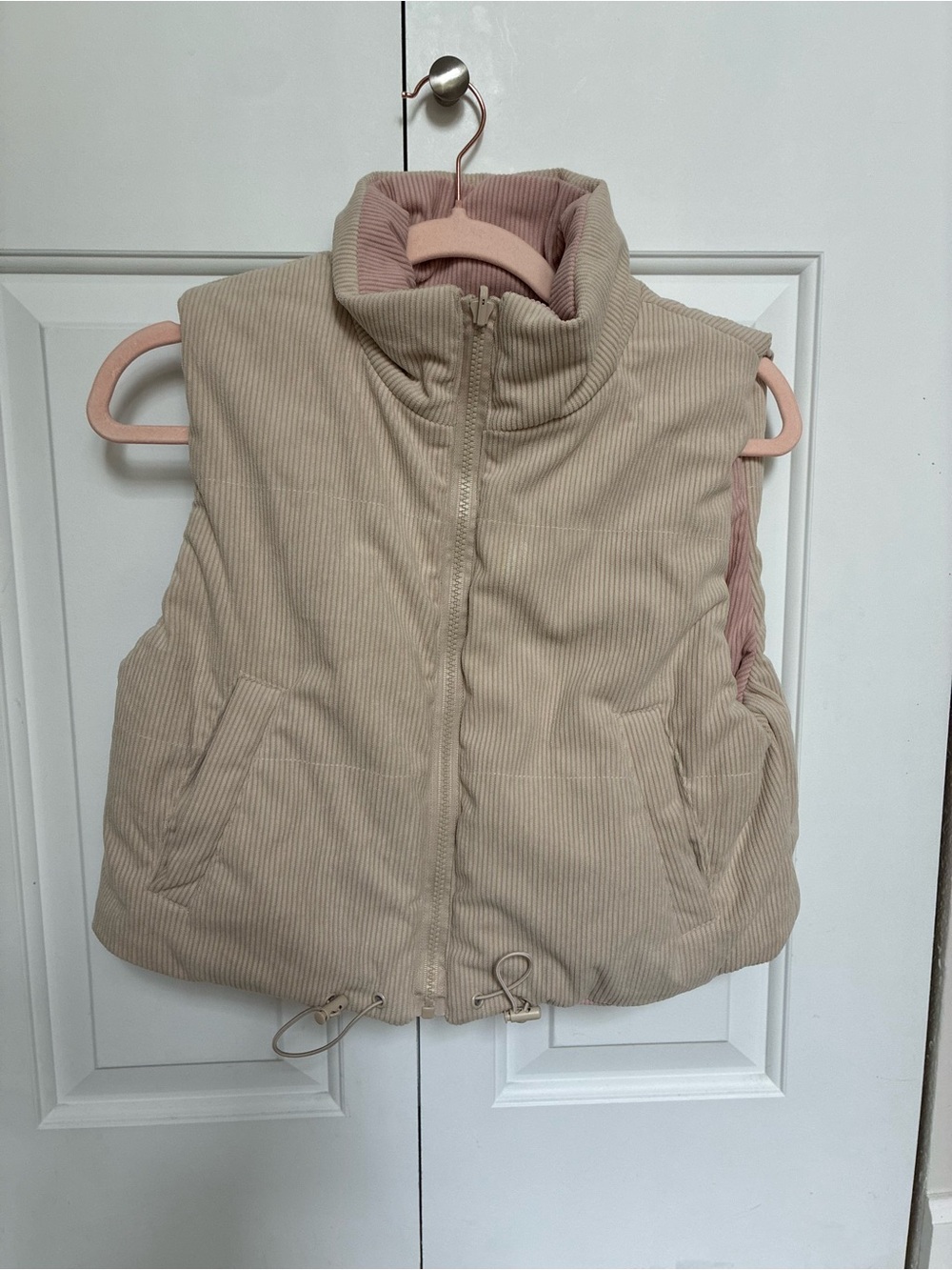 Thread & Supply Beige Corduroy Puffer Vest with Pink Lining